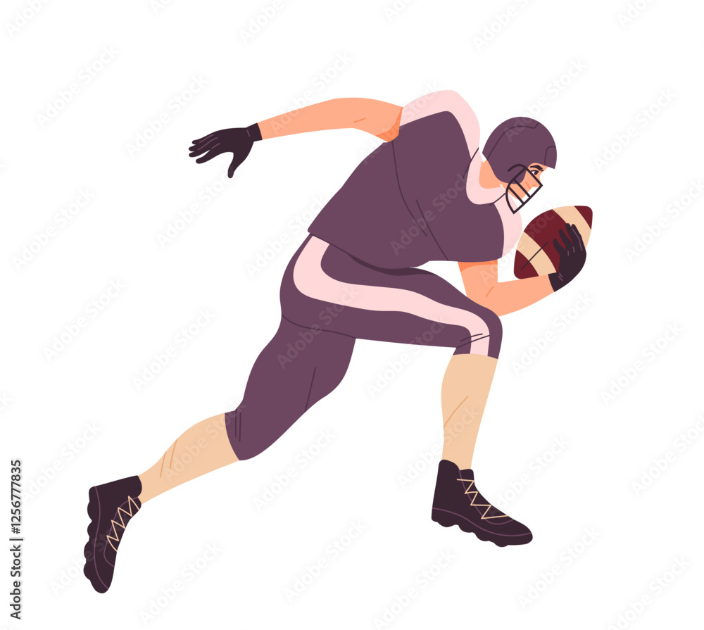 American football scene. Men run with ball in hands. Quarterback player at stadium. Team sports, competition and tournament. Flat vector illustration isolated on white background American football scene. Men run with ball in hands. Quarterback player at stadium. Team sports, competition and tournament. Flat vector illustration isolated on white background