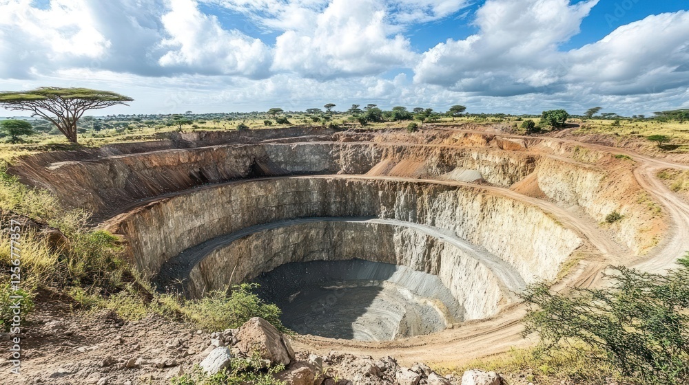 African savanna quarry mining operation aerial view African savanna quarry mining operation aerial view