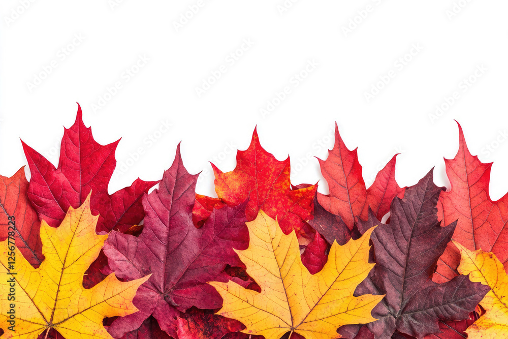 Fototapeta premium Vibrant Autumn Maple Leaves Border on White Background A Stunning Collection of Fall Foliage