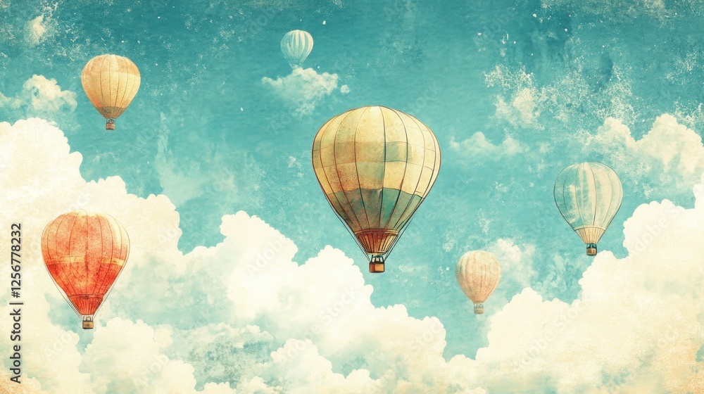 Obraz premium Hot air balloons soar above dreamy cloudscape; travel poster