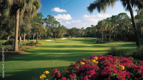 Scenic Florida golf course fairway, lush landscaping, sunny day, resort background