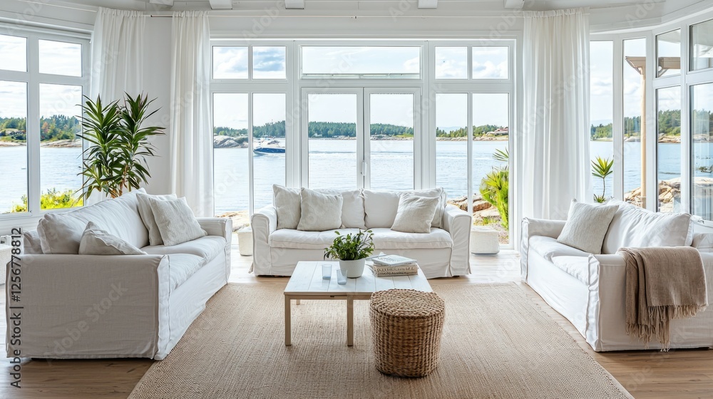 Fototapeta premium Bright Modern Living Room with View of Water and Green Landscape
