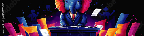 Anthropomorphic Elephant in Suit at Desk with Flying Documents in Vibrant Vector Art Style – Surreal Political Business Concept Illustration