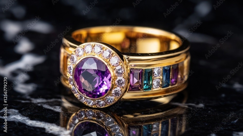 Gold ring, amethyst, gemstones, black marble, reflection, jewelry advertising Gold ring, amethyst, gemstones, black marble, reflection, jewelry advertising
