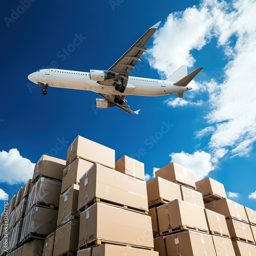 Airplane delivering packages, airport cargo, sunny sky