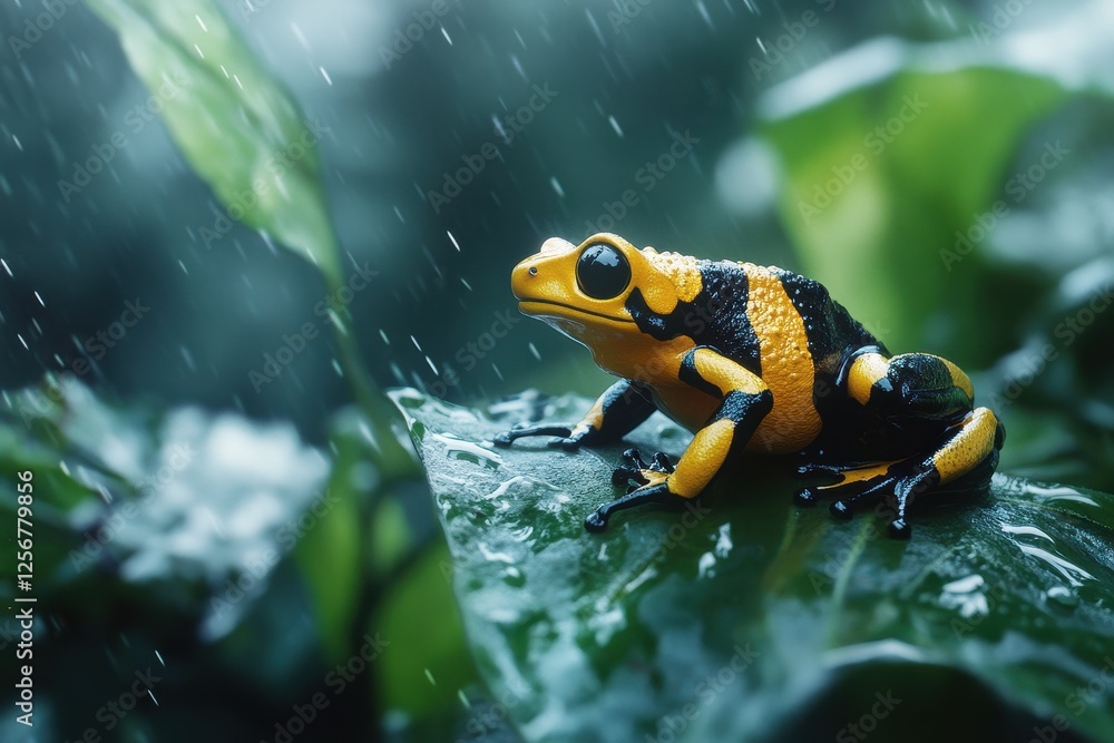 Vibrant yellow and black poison dart frog on a rain-soaked leaf. Perfect for nature, wildlife, or rainforest themes, evokes tropical beauty and danger.