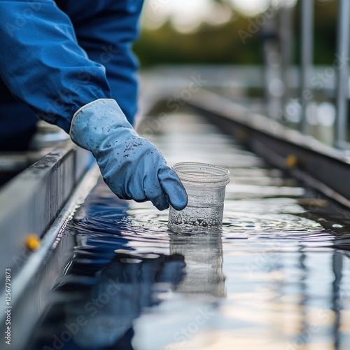 Technician collecting water sample, plant, gloved hand, testing, industrial background