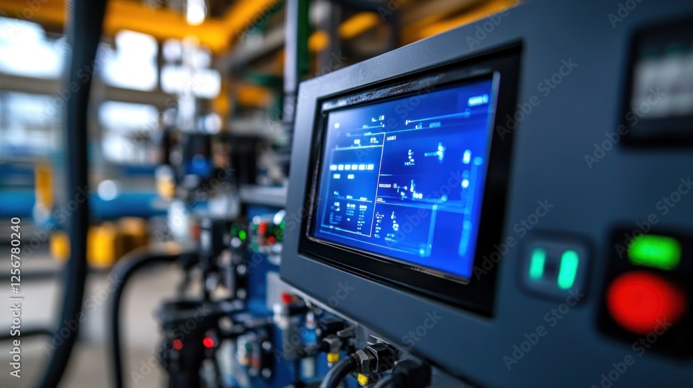 Factory control panel display, industrial automation, monitoring system, production line background Factory control panel display, industrial automation, monitoring system, production line background