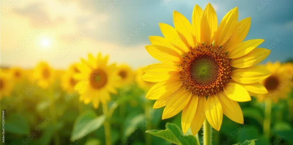 Fototapeta premium Water droplets clinging to a bright yellow sunflower, field, light, sunflower