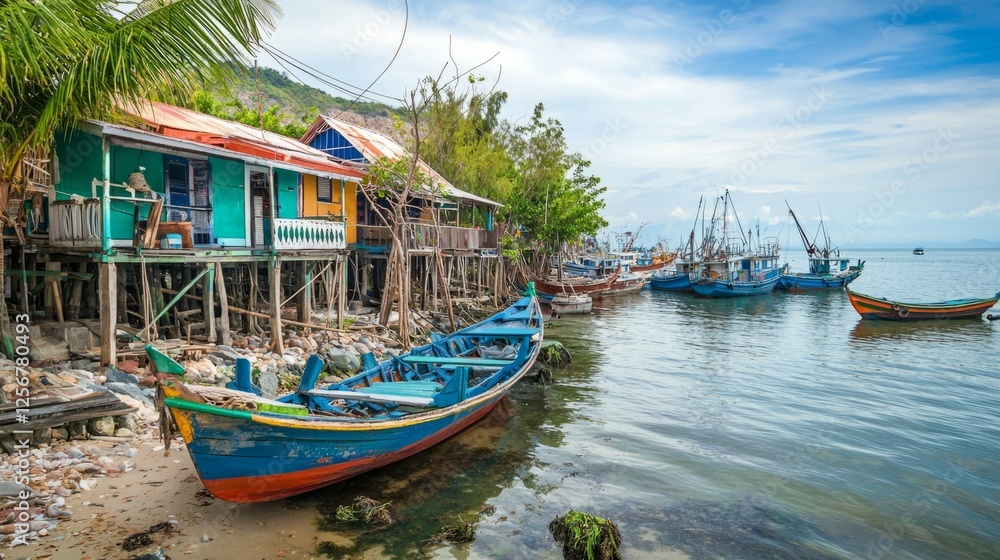 Obraz premium Fishing Village with Colorful Houses and Boats by the Shore