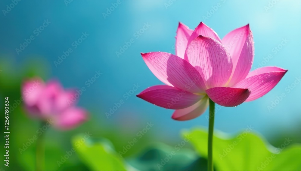 Fototapeta premium Water droplets glistening on pink lotus petals against a blue sky, soft focus, green foliage