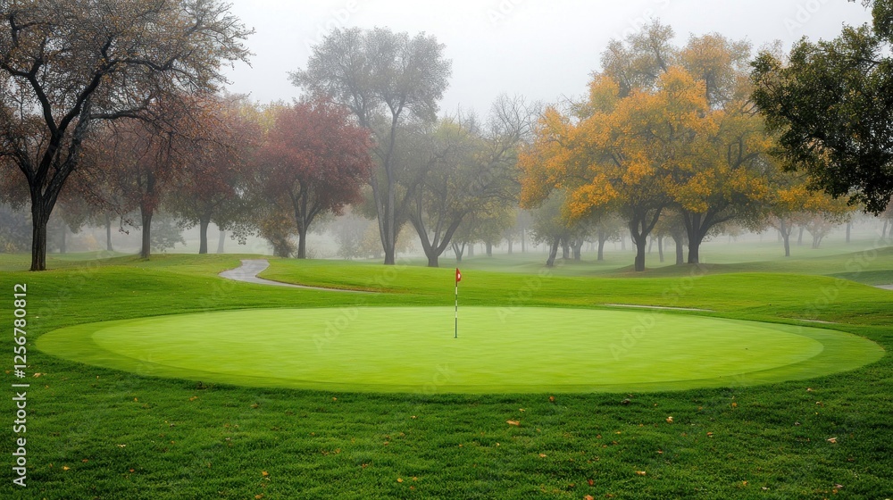 Misty autumn golf course green, trees, fog, path, fall Misty autumn golf course green, trees, fog, path, fall