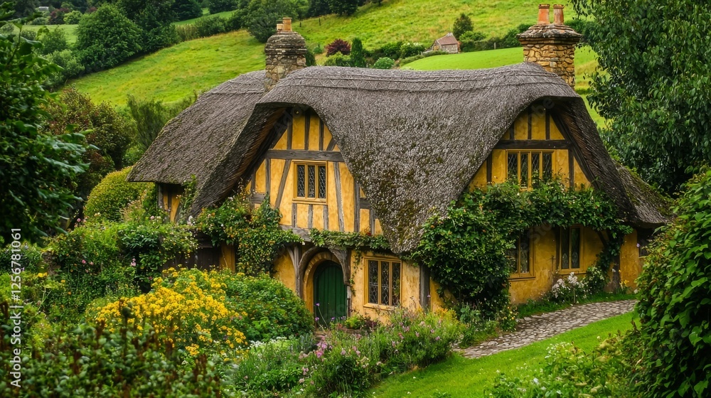 Fototapeta premium Charming Thatched Cottage Surrounded by Lush Greenery in Nature