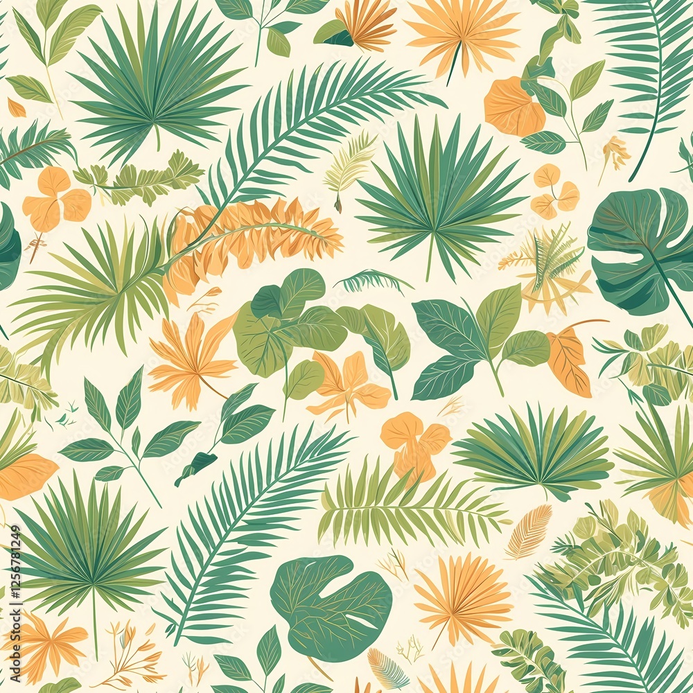 Obraz premium Seamless pattern of palm fronds and leaves in green and gold tones