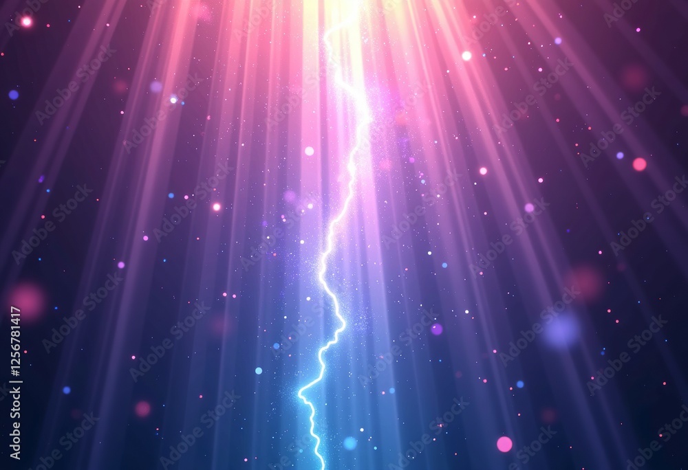 Fototapeta premium Celestial Light Effect: Magical Rays, Sparkling Particles on Neon Purple and Blue Gradient, Falling Light Beams, Glowing Dots, Ethereal Atmosphere, Digital Art.