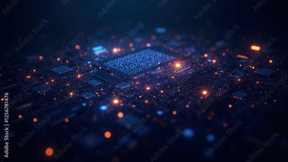 Fototapeta premium Quantum Computing Interface with Glowing Particles in Dark Space
