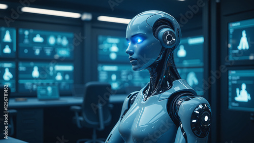 Advanced Humanoid Robot with Glowing Blue Eyes in High-Tech Lab