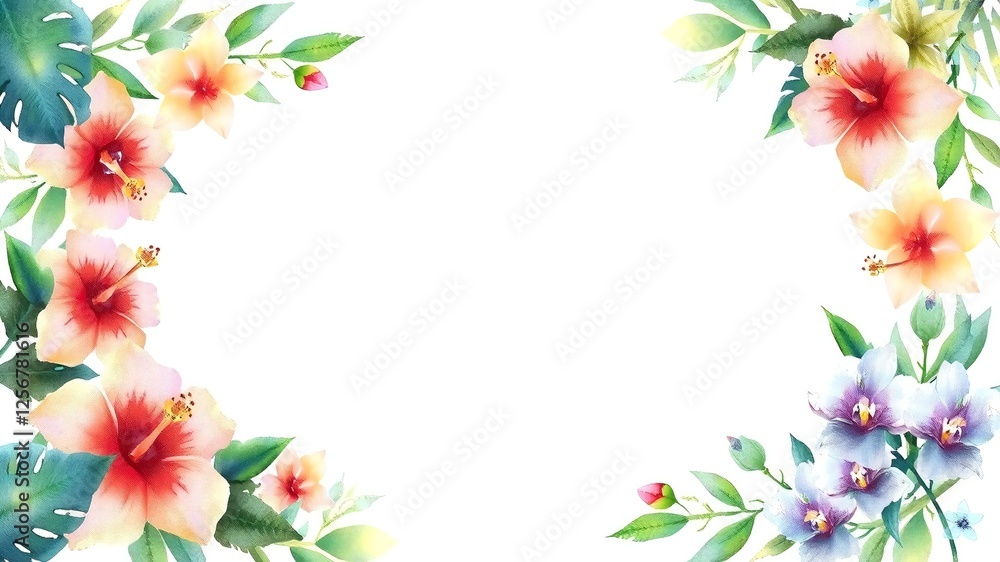 Tropical Floral Frame with Vibrant Flowers and Green Leaves Tropical Floral Frame with Vibrant Flowers and Green Leaves