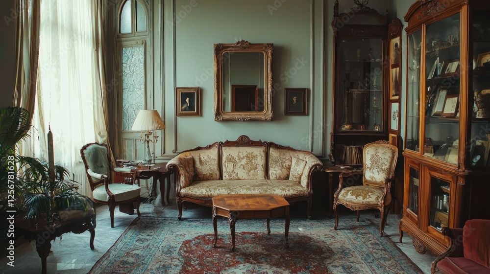 Fototapeta premium Elegant Vintage Living Room with Antique Furniture and Decor