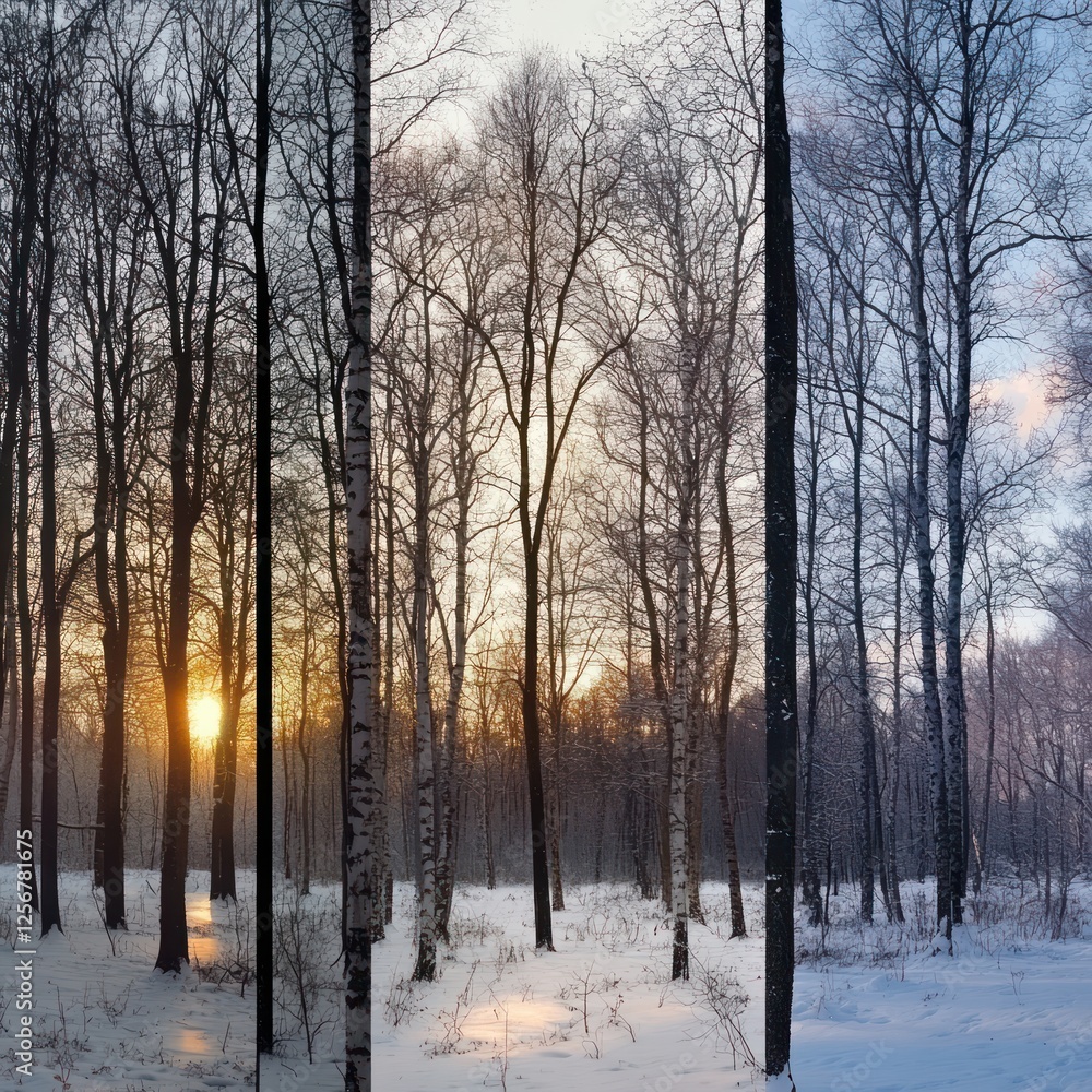 Winter forest sunrise triptych snowy trees, sunset, calm Winter forest sunrise triptych snowy trees, sunset, calm