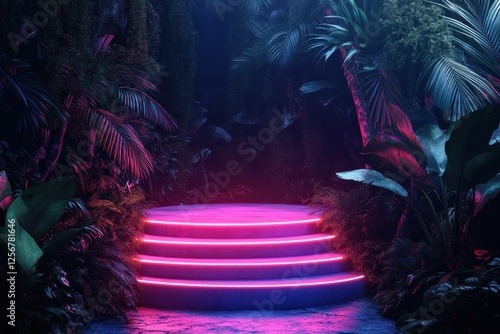 Neon-lit three-tiered platform in lush jungle. Ideal for product displays, showcasing beauty, or tropical themes. photo