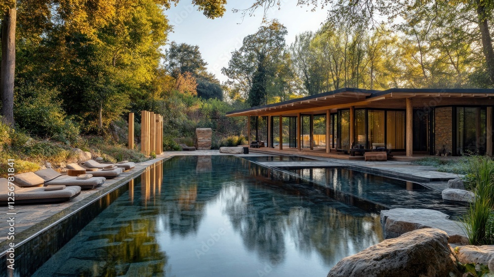 Luxury spa pool, autumn foliage, tranquil setting, wellness retreat Luxury spa pool, autumn foliage, tranquil setting, wellness retreat