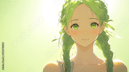 Anime girl with green hair, smiling, bright sunlight.  Possible use Digital art print photo