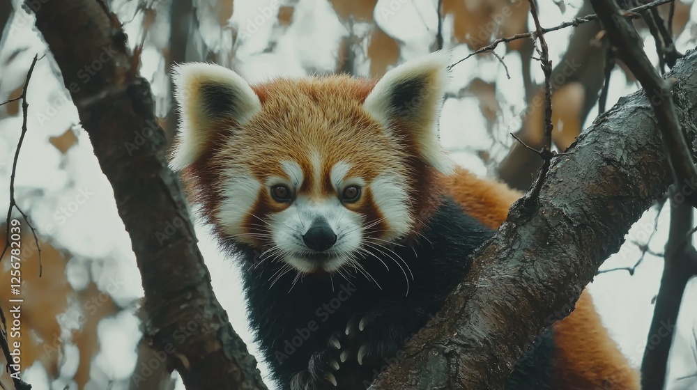 Fototapeta premium Curious Red Panda Resting on a Branch in Autumn Foliage