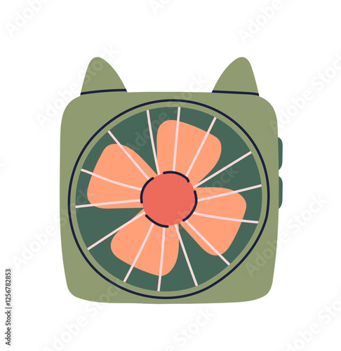 Modern portable fan. Device for summer heat. Circulation and ventilation. Comfort in hot weather. Handle conditioner. Template and layout. Flat vector illustration isolated on white background