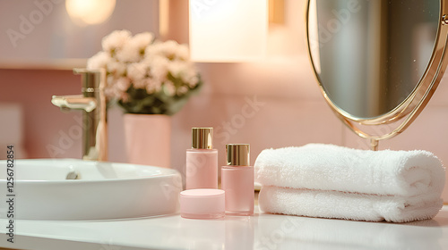 Elegant bathroom vanity with beauty products, fluffy towels, and a stylish gold-toned faucet.
