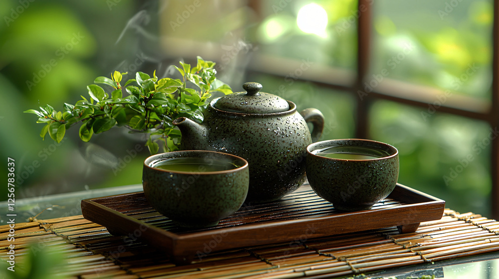 A beautifully styled matcha tea set with meticulously arranged matcha powder. A beautifully styled matcha tea set with meticulously arranged matcha powder.