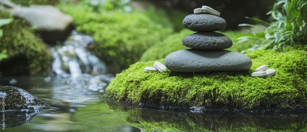 A serene scene featuring a stack of smooth stones on lush moss beside calm water, evoking tranquility and connection to nature. A serene scene featuring a stack of smooth stones on lush moss beside calm water, evoking tranquility and connection to nature.