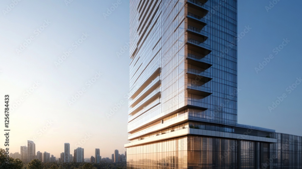 Obraz premium Modern Skyscraper at Dawn: Architectural Marvel in Urban Skyline