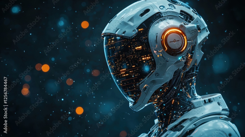 Robot wearing futuristic helmet standing in front of a modern city skyline during daytime Robot wearing futuristic helmet standing in front of a modern city skyline during daytime