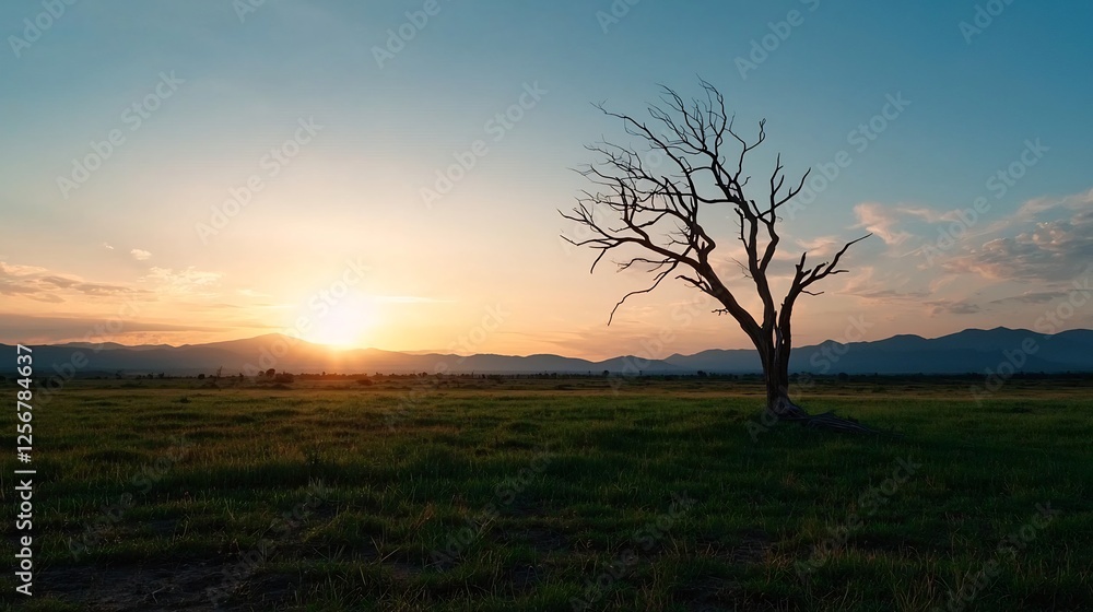 Silhouette of a Tree on a Green Field Under a Golden Sunset Sky Silhouette of a Tree on a Green Field Under a Golden Sunset Sky
