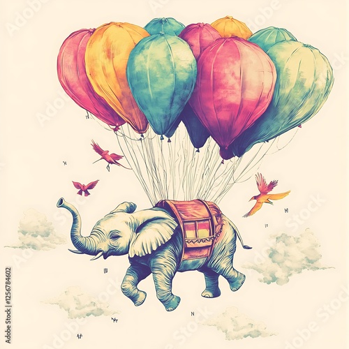 Elephant with Colorful Balloons Flying Through Clouds - Children's Print photo