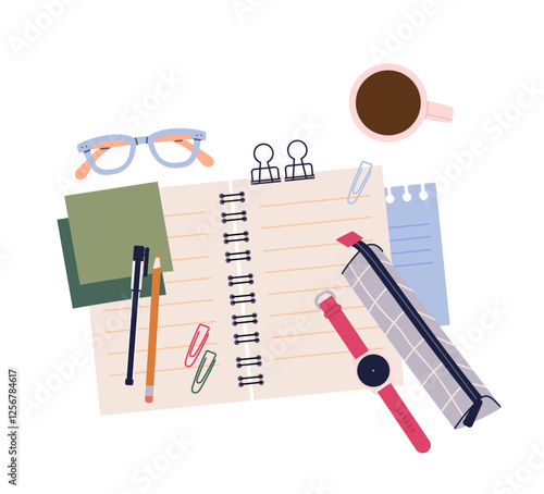 Stationery supplies top view. High angle view at notebook, pencil, pen and pins. Glasses and coffee. Workspace with school or office stationery. Flat vector illustration isolated on white background