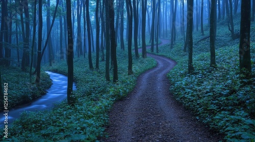 Glow forest idea. Serene forest path beside a winding stream in a misty, tranquil woodland setting. photo