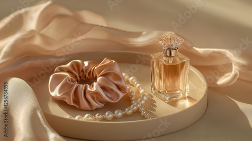 Elegant display of perfume bottle, silk scarf, scrunchie, and pearl necklace on a round neutral tray. photo