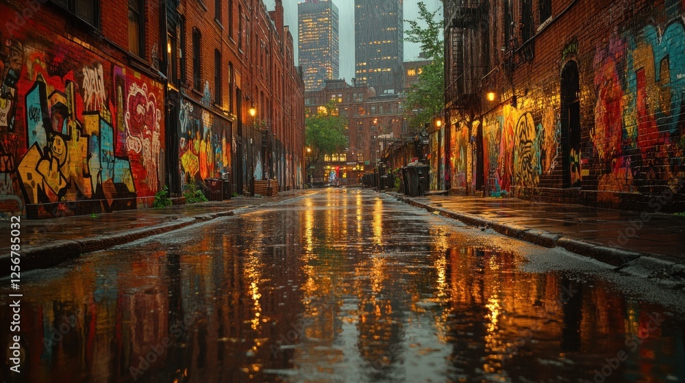 Fototapeta premium Vibrant urban alleyway after rain, showcasing colorful street art and reflections in puddles at dusk