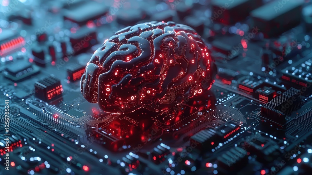 Red brain model placed on a computer circuit board illustrating artificial intelligence concept Red brain model placed on a computer circuit board illustrating artificial intelligence concept