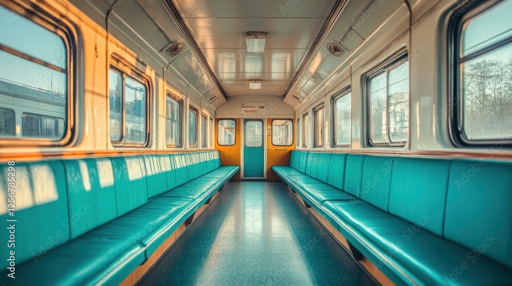 Fototapeta premium Empty train carriage interior, sunrise, journey, travel