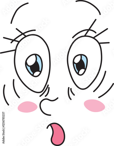 surprised facial expression with wide open blue eyes with eyelashes with raised eyebrows with open mouth with pink cheeks