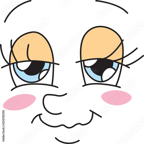 loving expression with half-open blue eyes with eyelashes with raised eyebrows pink cheeks contented mouth