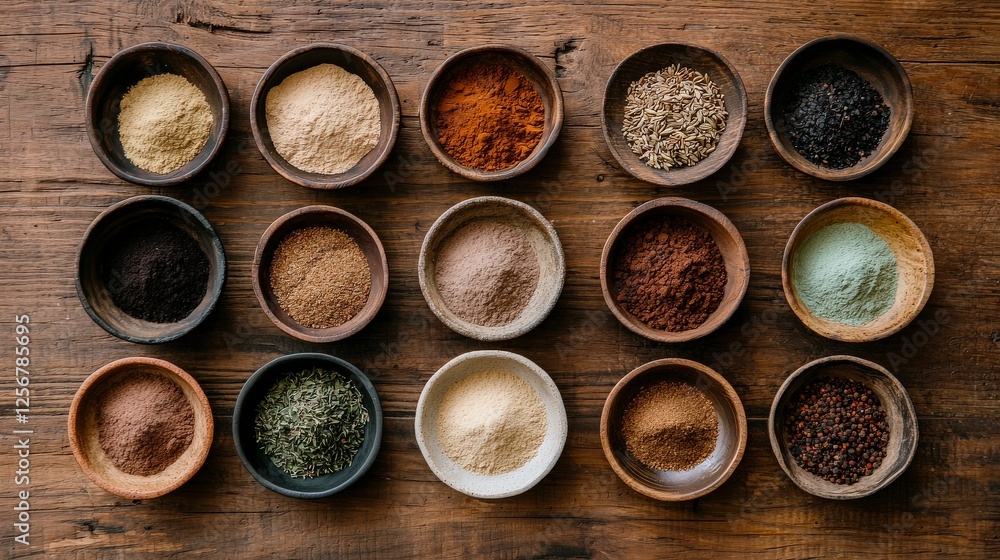 Variety of Colorful Spices and Powders in Wooden Bowls on Rustic Wood Background for Culinary and Cooking Themes Variety of Colorful Spices and Powders in Wooden Bowls on Rustic Wood Background for Culinary and Cooking Themes