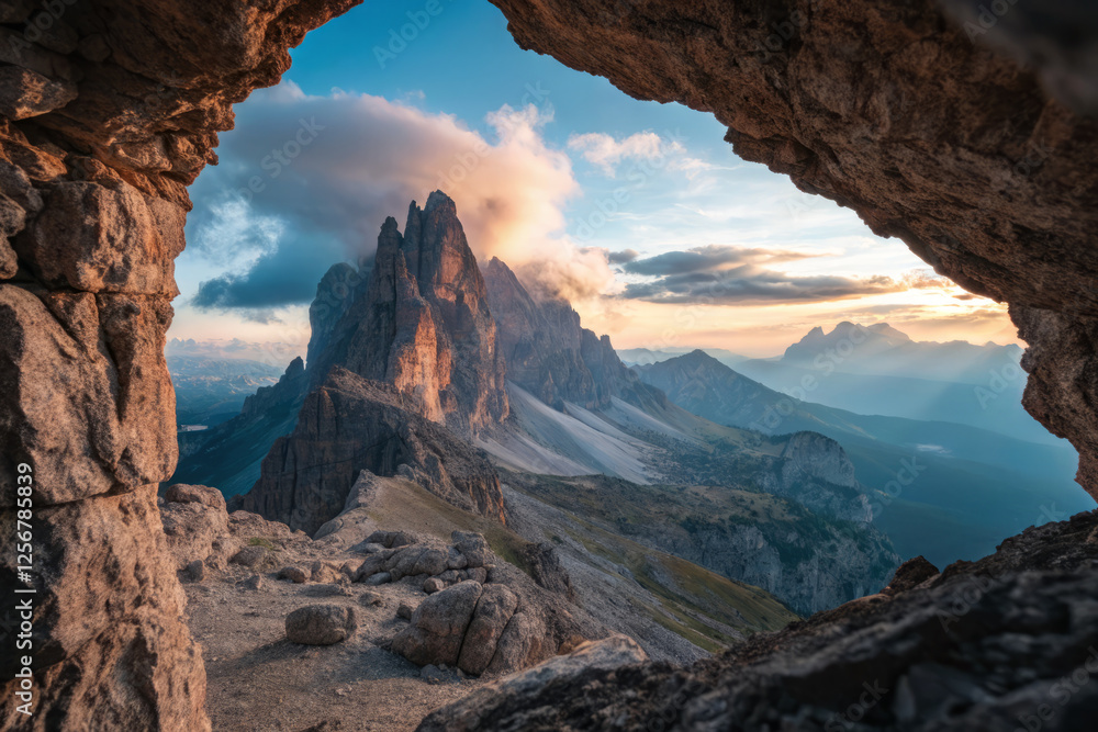 Obraz premium Mountain peaks framed by rocky cave at sunset, with warm golden light and dramatic clouds