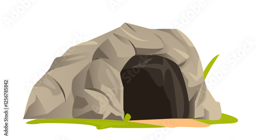 Stone cave entrance. Dark entrance to mountains. Deep underground mine. Hole in cliff. Natural landscape. Poster or banner. Flat vector illustration isolated on white background