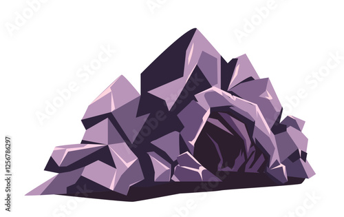 Stone cave entrance. Dark entrance to mountains. Deep underground mine. Hole in rocky hill. Dangerous exit. Ground landscape. Flat vector illustration isolated on white background