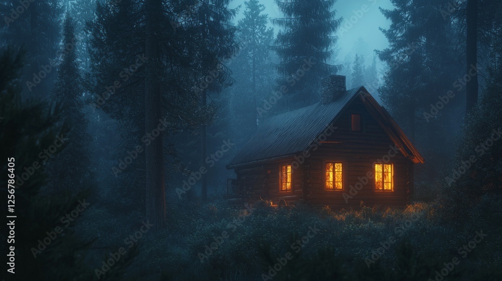 Cozy Cabin with Warm Light in Mystical Forest at Dusk Cozy Cabin with Warm Light in Mystical Forest at Dusk