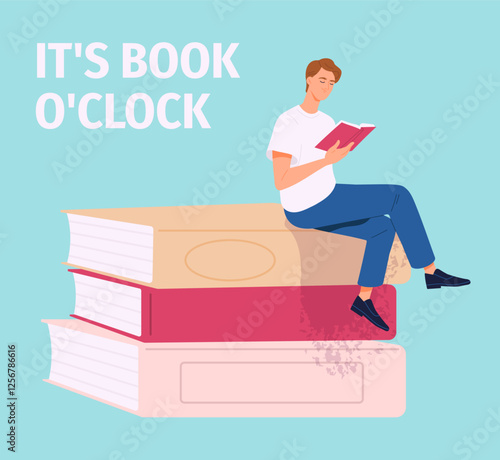 Love of reading concept. Man with stack of books. Education and training, learning. Bookworm with fiction. Poster or banner for website. Flat vector illustration